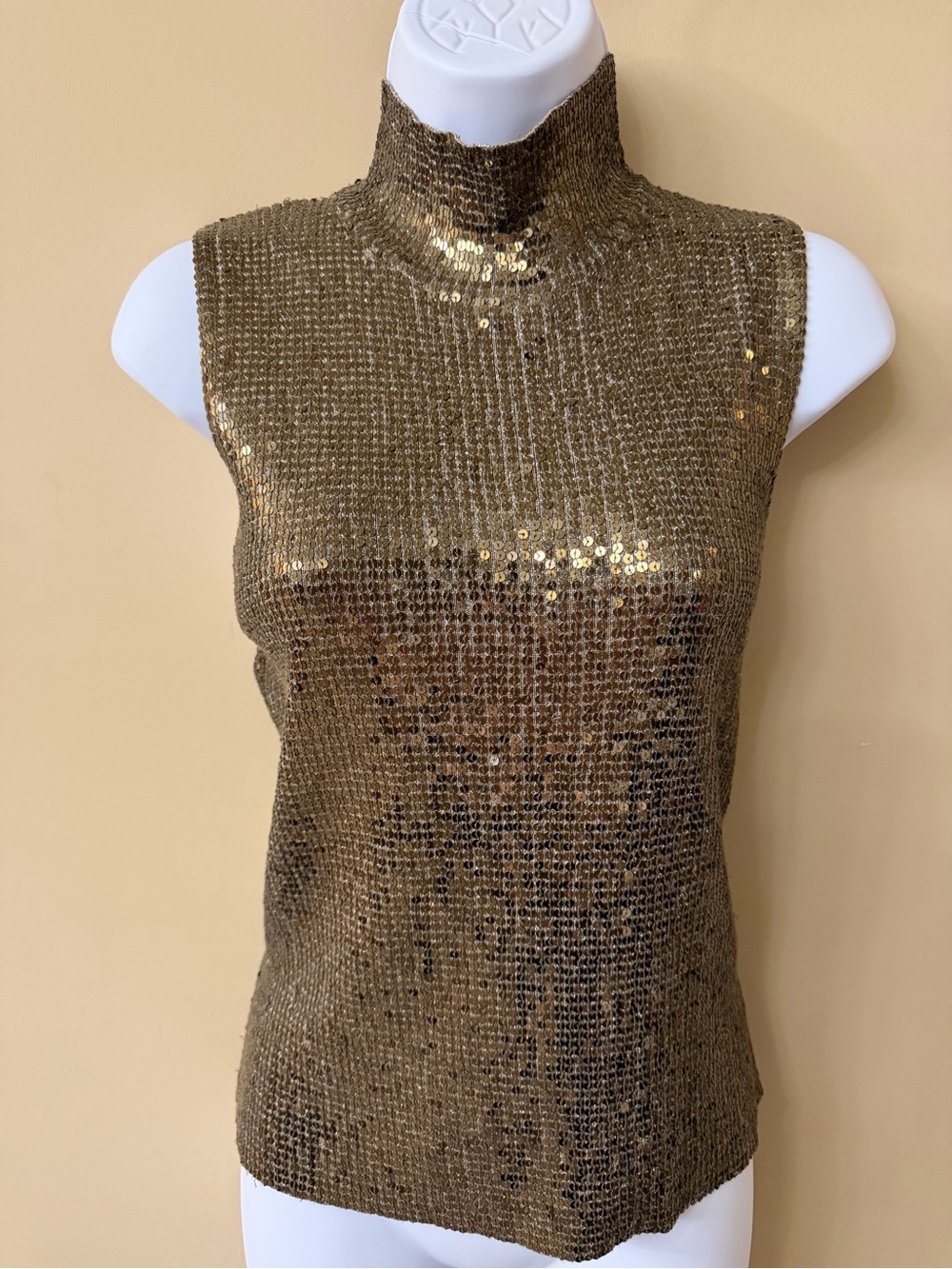 Carmen Marc Valvo Gold Sequin Mock Neck Top, Size XL